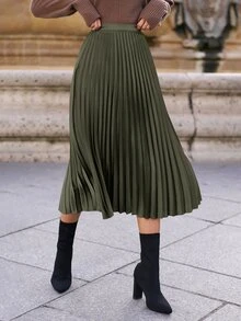 SHEIN Frenchy 高腰百褶裙 夏季優雅款 - 軍綠色 - 查看 1