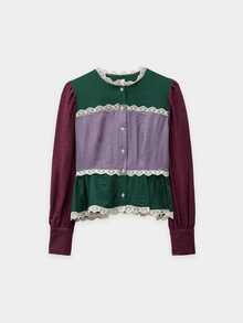 Nöista Color Block Blouse With Lace Detail - Dark Green - View 7