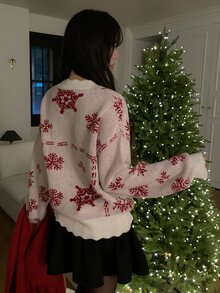 DAZY Women's V-Neck Pullover Snowflake Pattern Pom Pom Decor Casual Christmas Sweater - Beige - View 5