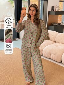 DAZY Women's Floral Print Button-Up Top And Pants Pajama Set - Khaki - View 4