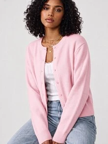 SHEIN BASICS 女款復古休閒純色單排扣長袖針織開襟衫 辦公日常上學商務 橄欖綠 秋季 - 淺粉色 - 查看 4