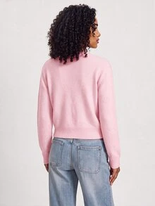 SHEIN BASICS 女款復古休閒純色單排扣長袖針織開襟衫 辦公日常上學商務 橄欖綠 秋季 - 淺粉色 - 查看 5