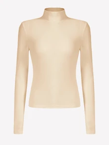 SHEIN BASICS 女款白色素色長袖高領羅紋針織修身T恤上衣，辦公室秋季基礎休閒款 - 卡其色 - 查看 6