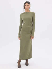 KÆRIA Hus Ruched Column Maxi Dress - Sculpted Textured Jersey - Dusted Olive - Going Out, Bodycon, Minimalist - Olive Green - View 2
