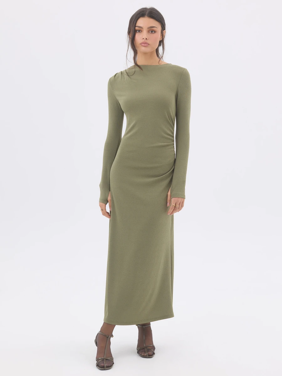 KÆRIA Hus Ruched Column Maxi Dress - Sculpted Textured Jersey - Dusted Olive - Going Out, Bodycon, Minimalist