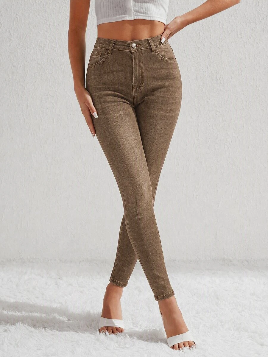 SHEIN Essnce Women's High Waist Pocket Slim Fit Casual Versatile Denim Jeans - Brown - View 1