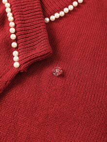 GlowEve CURVE Red V-Neck Pearl Trim Lantern Sleeve Plus Size Sweater Top Winter - Red - View 7