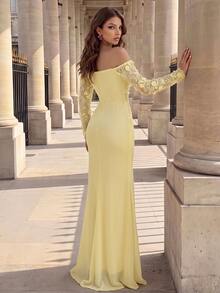 Poshira Women's 3D Floral Decor Formal Evening Gown Dress (Heavy Embellished Style) - Yellow - View 3