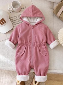 SHEIN 女嬰戶外工裝保暖內裡連帽連身衣，秋冬款 - 粉色 - 查看 1