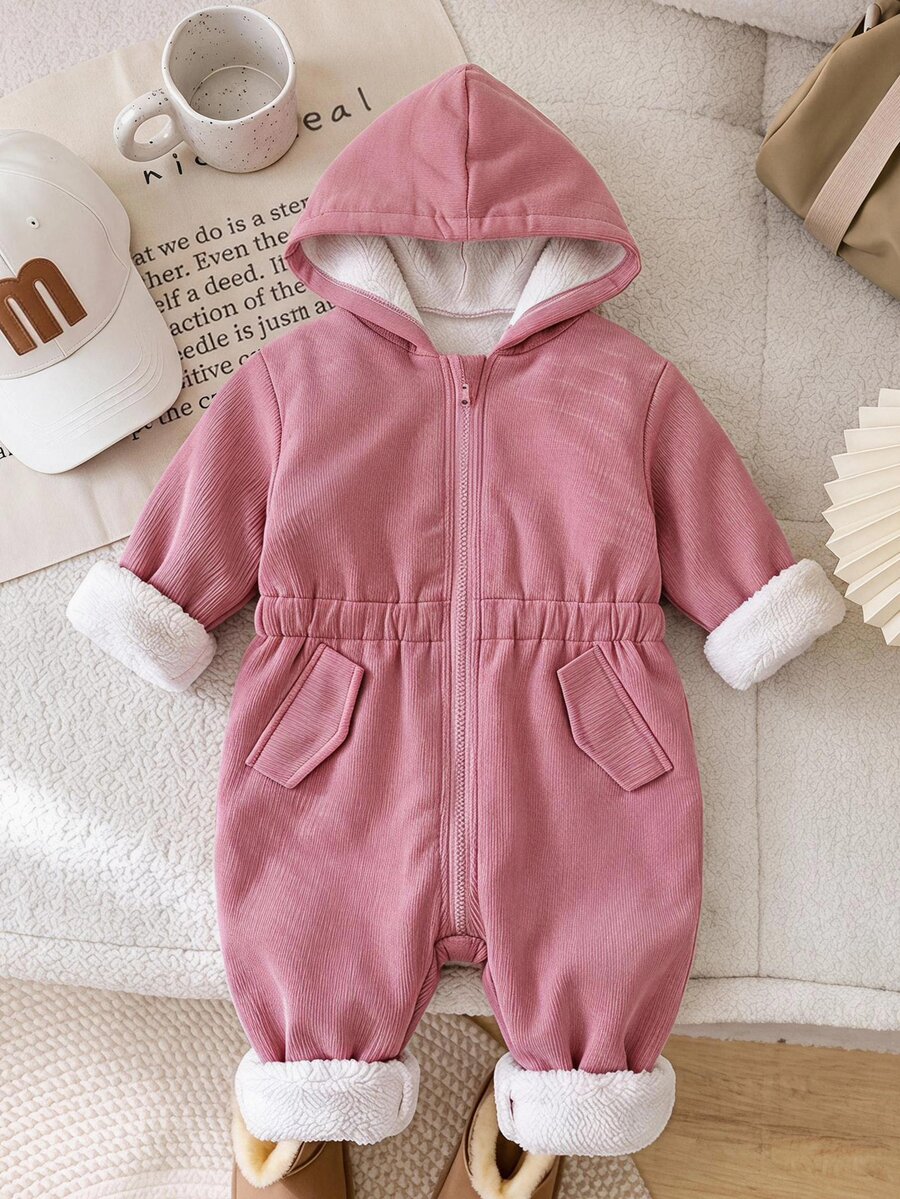 SHEIN 女嬰戶外工裝保暖內裡連帽連身衣,秋冬款 - 粉色 - 查看 1