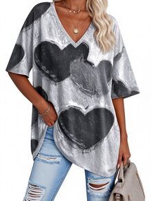 SHEIN LUNE Plus Size Women's Minimalist Heart Pattern Print V-Neck Top, Casual Daily T-Shirt - Multicolor - View 1