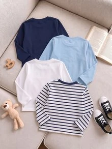 SHEIN Playful Pals 4件裝男童休閒純色百搭圓領長袖T恤，適合四季穿著 - 藍色 - 查看 2
