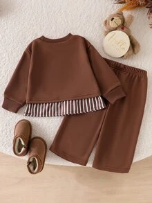 SHEIN Playful Pals Baby Girls Teddy Bear Print Striped Ruffle Hem Sweatshirt & Straight Pants 2Pcs Outfit Set - Coffee Brown - View 4