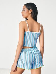 THE POWERPUFF GIRLS X SHEIN طقم بيجامة نسائي مخطط من كاميسول وشورت - الأزرق - مشاهدة 2