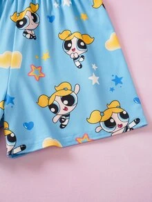 THE POWERPUFF GIRLS X SHEIN THE POWERPUFF GIRLS 青少女短袖上衣與短褲居家服套裝 - 藍色 - 查看 7