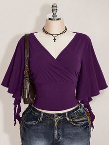 SHEIN ICON 女款大尺碼黑色夏季哥德風性感夜店約會派對夜店 T-shirt，復古優雅 V 領荷葉袖修身 Y2K 風格 - 紫色 - 查看 8