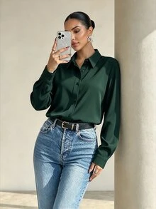 Structelle 女款純色前開鈕扣長袖襯衫，秋季長袖上衣 - 墨綠色 - 查看 8