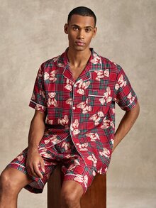 EverLounge Cartoon Bear Print Open Front Lapel Plaid Men's Loungewear Set - Multicolor - View 1