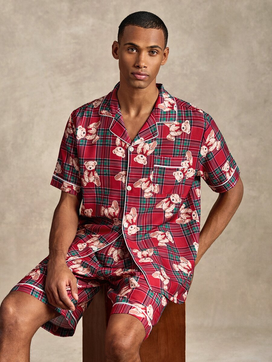 EverLounge Cartoon Bear Print Open Front Lapel Plaid Men's Loungewear Set - Multicolor - View 1