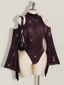 SHEIN ICON Plus Size Stand Collar Exaggerated Flare Sleeve Sheer Shiny Bodysuit, Music Festival Outfit, Party Winter - Hot Pink - View 9