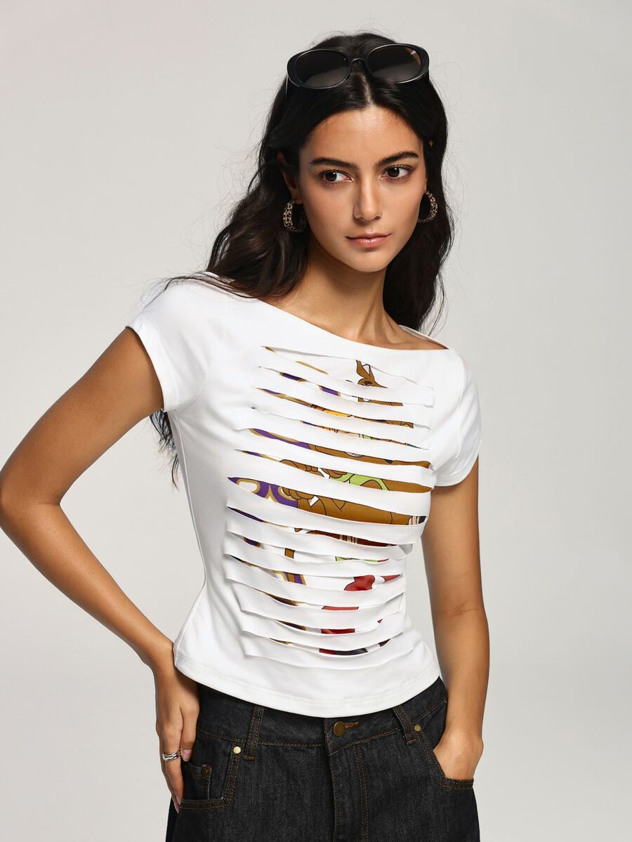 SCOOBY-DOO X SHEIN Women's Streetwear Cut Cartoon Print T-Shirt - White - View 1
