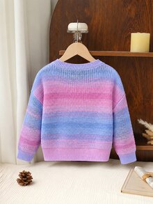 SHEIN Girls' Autumn/Winter Gradient Rainbow Macaron Color Textured Knit Sweater, Fashionable Minimalist Thick Long Sleeve Top - Multicolor - View 5