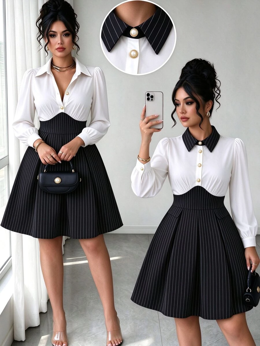 Elenzga Plus Size Women's Autumn Fashion Office Commute Colorblock Patchwork Striped Print Cinched Waist Pleated A-Line Short Blouse Long Sleeve Dress Fall - Black and White - View 1