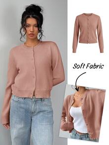 SHEIN Tall CURVE 大尺碼休閒 80 年代寬鬆柔軟正常版型純色圓領長袖短版女款黃色針織開襟衫 秋冬春季辦公通勤 - 藕粉色 - 查看 8