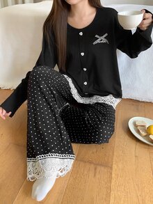 DAZY Women's Contrast Lace Hem Button Design Top And Long Pants Pajama Set - Black - View 5