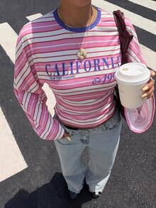 Muchica 秋季新款草莓粉條紋 California Slogan 蝙蝠袖修身長袖 T 恤，優雅休閒時尚基礎上衣，適合春夏秋冬，適用於外出與派對，女款多巴胺條紋 T 恤 - 彩色 - 查看 3