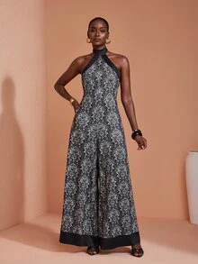 JIAN LASALA Knit Halter Neckline Sleeveless Contrast Band Elegant Long Jumpsuit Vacation Causal - Multicolor - View 3