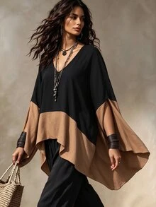 Linhara CURVE Colorblock Patchwork V-Neck Cover Up, Loose Batwing Sleeve Lightweight Atmospheric Shirt Top - Black - View 6