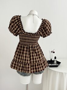 Elamini Summer Sweet Vintage Ruffle Petal Sleeve Blouse - Brown - View 2