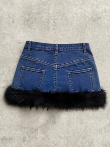 Elamini Women's Plush Patchwork Fashion Versatile Denim Mini Skirt - Blue - View 2