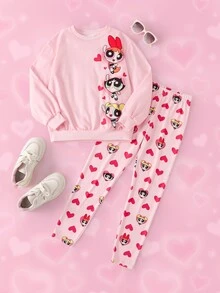 THE POWERPUFF GIRLS X SHEIN Tween Girl Cartoon Print Long Sleeve Sweatshirt And Leggings Set - Pink - View 1