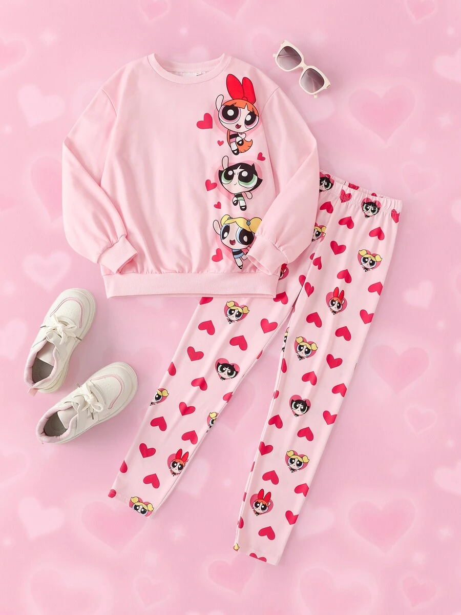 THE POWERPUFF GIRLS X SHEIN Tween Girl Cartoon Print Long Sleeve Sweatshirt And Leggings Set - Pink - View 1