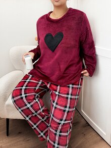 Napfluff CURVE Napfluff CURVE Heart-Shaped Flannel Long Sleeve Top And Plaid Pants Plus Size Pajama Set - Red - View 4