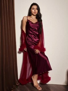 Slumberist Purple Mesh Robe With Faux Silk Long Nightgown, Lace Trim Neckline, Layered Mesh Cuffs And Hem, Mature Women's Sleepwear Set - Red Violet - View 6