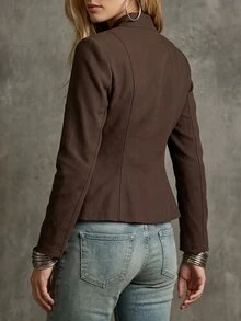 LUMIGAL Winter Women's Solid Color Double-Breasted Zipper Casual Daily Long Sleeve Jacket - Coffee Brown - View 2