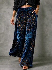 Linhara Women's Plus Size Bohemian Print Velvet Wide Leg Pants Fall - Royal Blue - View 3