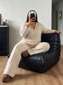 POPSWAY Plus Size Women's Oatmeal Gray Cable Knit Front Zip-Up Lapel Short Cardigan + High-Waist Drapey Wide Leg Knit Pants 2 Pieces Set, Suitable For Daily Commute/Outing Date/Indoor Outdoor/Halloween Christmas Outfit - Khaki - View 3
