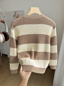 SHEIN 1件女童毛衣，時尚經典拼色白色，極簡街頭風百搭圓領休閒寬鬆款，適中厚度，秋冬穿著 - 彩色 - 查看 3
