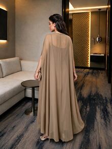 Auveirra Plus Size 3D Embroidered Elegant Dress With Cardigan 2 Pieces Set - Brown - View 2