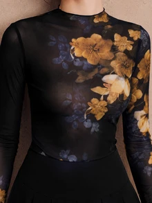 Anewsta 秋冬新款性感優雅印花針織長袖女款T恤，適合外出與度假 - 黑色 - 查看 2