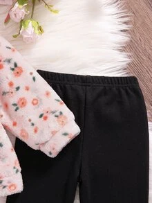 SHEIN 女嬰兩件套，包含碎花法蘭絨連帽衛衣與長褲，保暖舒適，適合秋冬穿著 - 彩色 - 查看 3