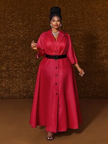 Maweii Plus Size Women's Vintage Commuter Style Red Pinstripe Lapel Design Single-Breasted Black Button Closure A-Line Flared Waist Long Sleeve Dress Fall - Red - View 5