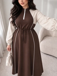 Solavon Plus Size Women's Colorblock Long Sleeve Casual Loose Fit Dress - Brown - View 5