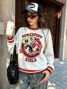 THE POWERPUFF GIRLS X SHEIN Women's Letter Cartoon Print Crew Neck Long Sleeve Sweatshirt - White - View 1