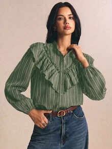 Poéselle 女款條紋長袖單排扣拼接荷葉邊時尚襯衫 秋冬休閒上衣 通勤上班外出穿搭襯衫 - 綠色 - 查看 3