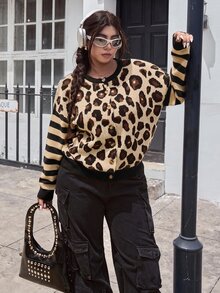 SHEIN EZwear Plus Size Women Leopard Print Striped Patchwork Front Button Cardigan, Casual 1950s Vintage 1920s For Autumn/Winter Office Concert Beige - Black and White - View 4